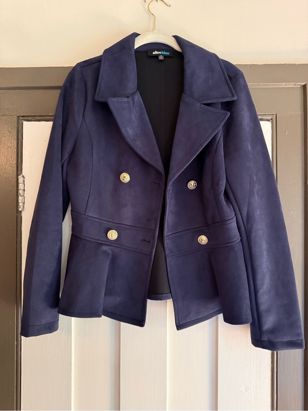Alice Blue Navy Double-Breasted Suede-Look Blazer